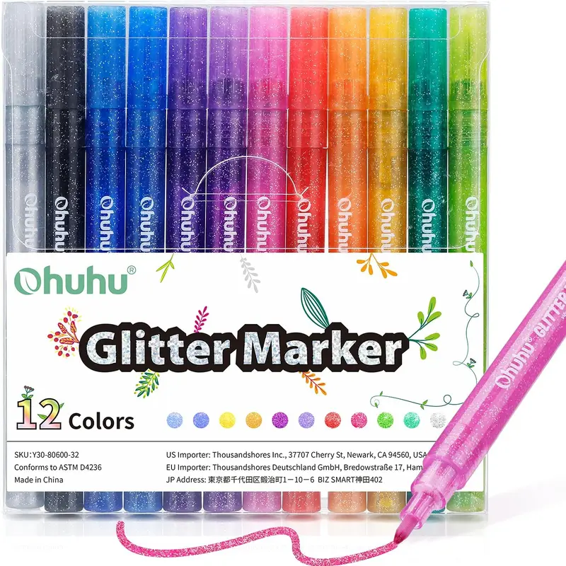 Ohuhu Glitter Markers Pen: 12 Glitter/24 Metallic Glitter Colors, 0.7mm/3mm Fine Tip, Water-Based Ink for DIY Crafts, Greeting/Birthday Cards, Mugs, Wood, Art Marker Pen, Multi Color Pens - Glitter Marker Series of Ohuhu
