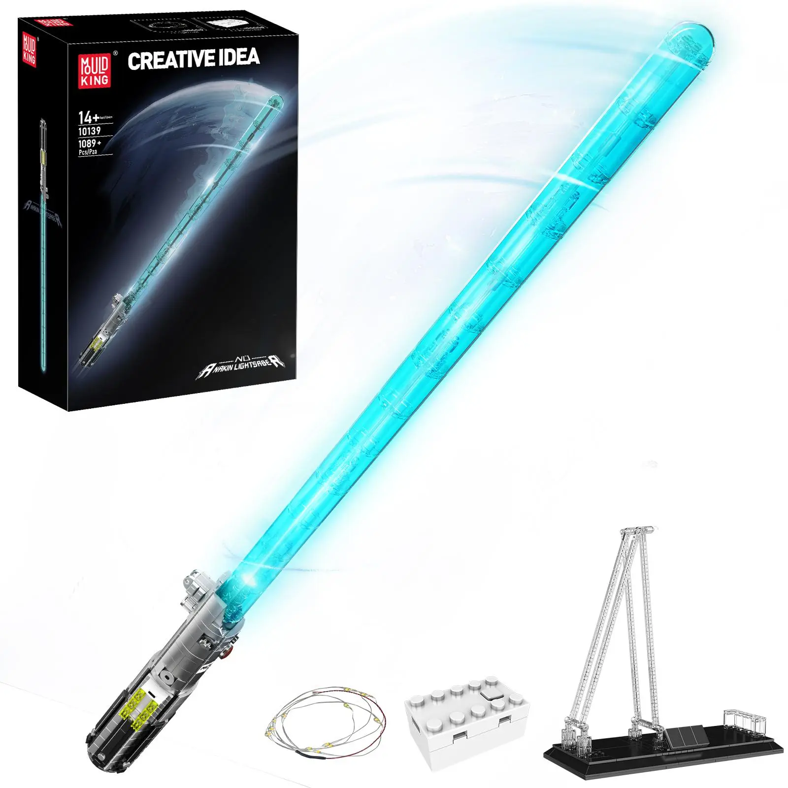 Mould King 10139 Blue Light Up Sword Building Set, 1089-Piece Glowing Saber for Photos Cosplay Kit with LED Glow On, Building Toy for Adults & Kids, Collectibles