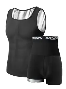 Men's Plain Scoop Neck Tank Top & Letter Tape High Waist Shorts Sweat Sauna Suit Set, Sleeveless Sports Top & Skinny Shorts, Workout Gym Yoga Exercise Clothing Set for Men