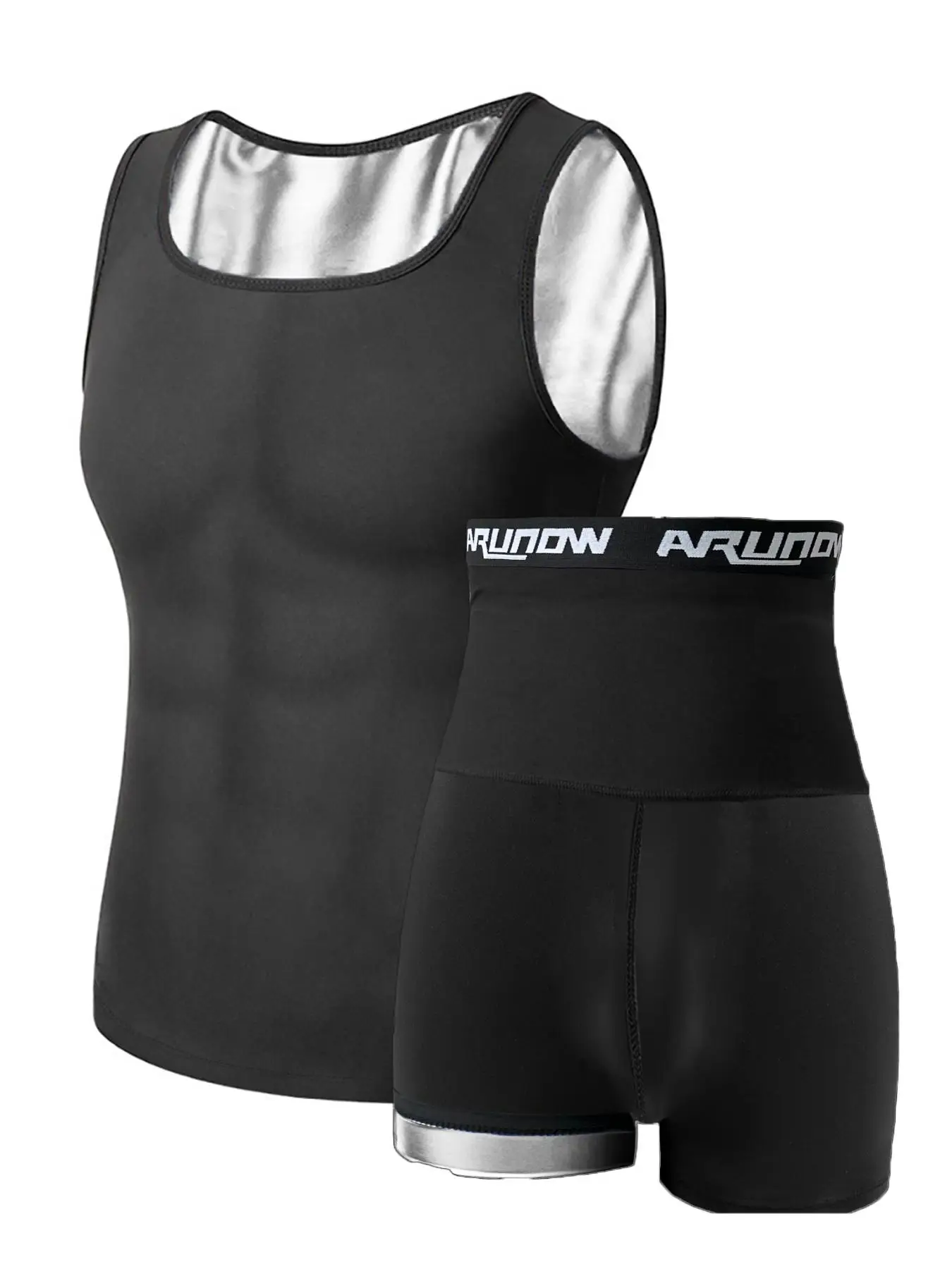 Men's Plain Scoop Neck Tank Top & Letter Tape High Waist Shorts Sauna Suit Set, Sleeveless Sports Top & Skinny Shorts, Workout Gym Yoga Exercise Cloth