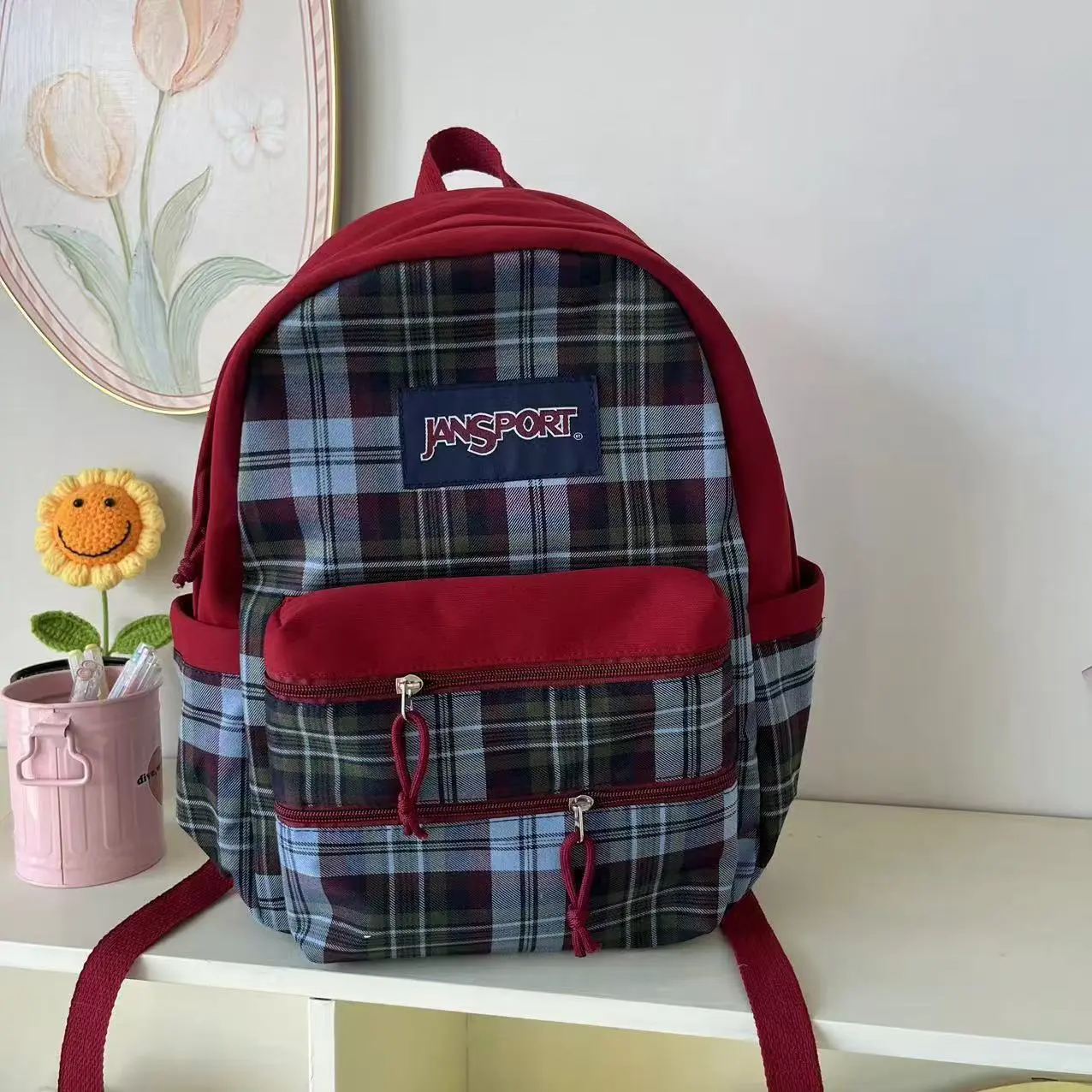 Jansport Checkered Nylon Casual Backpack with Red Accents, Multiple Pockets - Backpacks for School, Stuff for School, Everyday Use