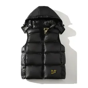 [100% Polyester Hooded Vest] Sleeveless 100% Polyester Black Golden Hooded Vest - Zip-Up Puffer Jacket with Stand Collar, Ideal for Fall/Winter Comfort