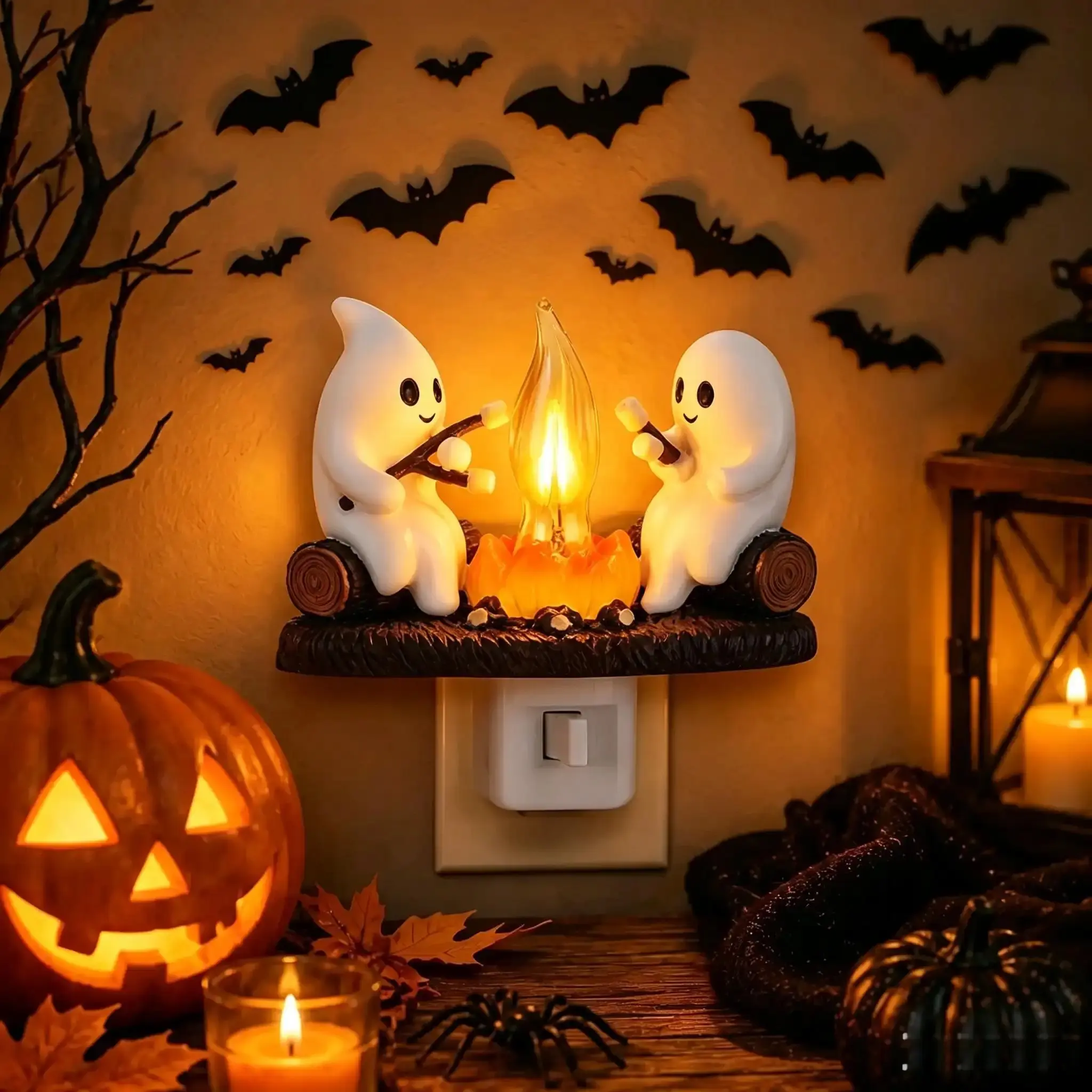 3D LED Ghost Campfire Flickering Party Night Light - Spooky Cute Plug-in Lighting, Indoor LED Decorative Accessories, Home Supplies for Bedroom Festive Decor to Light Up Your Space