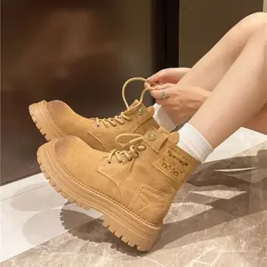 Women'S Chunky Platform Boots Lace-Up Ankle Boots with Non-Slip Rubber Sole Thick Platform Heels for Height Increase Brown Fabric Upper Round Toe Design Dura Walking Shoes for Winter Casual Wear
