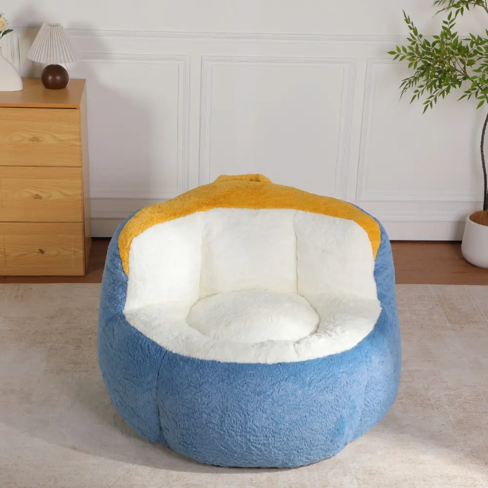 Large bean bag lazy sofa, blue, white, yellow imitation plush, broken sponge filled living room lounge chair