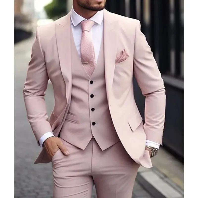 Pink Luxury Mens 3-Piece Slim-Fit Suit 2025 - Vest Blazer, Pant, Menswear Formal Wear for Grooms, Wedding Tuxedo, Man Style Occasions, Three Pieces