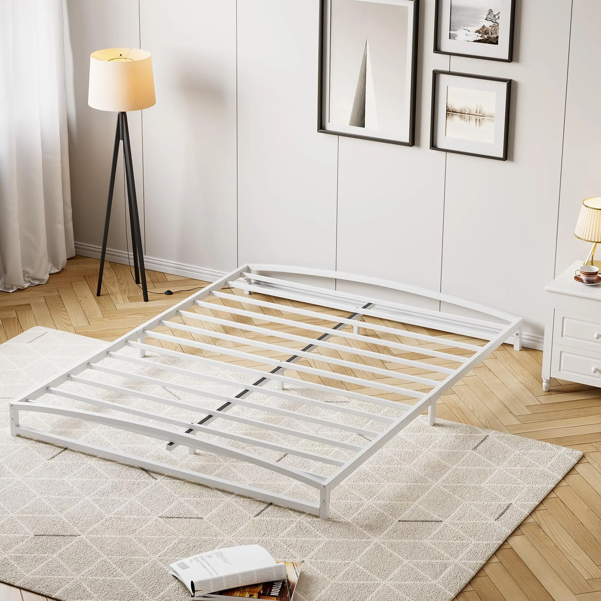 Garvee Low Bed Frame Full Size, 6 Inch Heavy Duty Metal Platform Full Bed Frame with Arch Design, Easy Assembly, Strong Bearing Capacity, Under Bed Storage, No Box Spring Needed - White