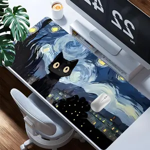 Cat & Starry Night Pattern Mouse Pad, Rectangle Gaming Mouse Pad, Office Desk Keyboard Mat for Home Office Desk