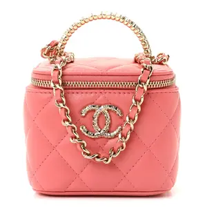 Pre-owned CHANEL Calfskin Shoulder Bags Lambskin Quilted Crystal Top Handle Mini Vanity Case With Chain Coral