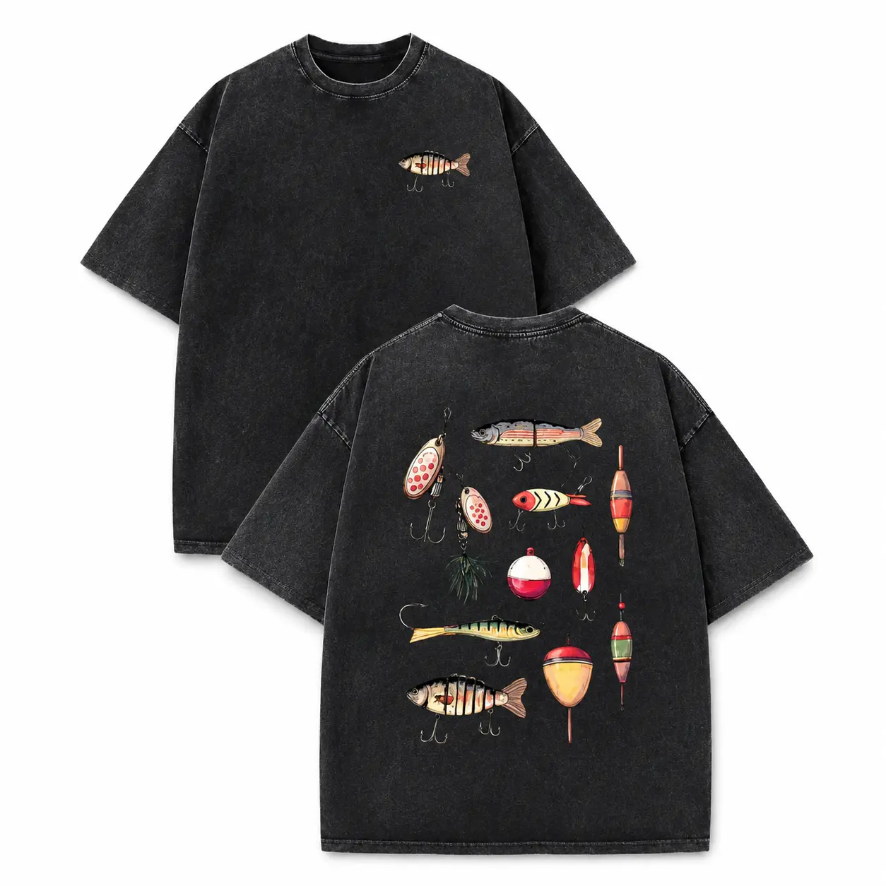 Washed Cotton T-Shirt, Unisex 230GSM Heavyweight Retro Streetwear Top with Fish Bait Graphic, Loose Fit Short Sleeve Round Neck summerwins, Personalized, Basic, Garment, Customized