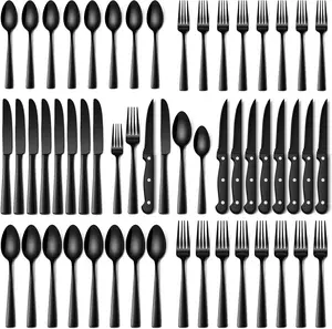 48-Piece Black Stainless Steel Flatware Set (Service for 8) | Black Knife, Fork, and Spoon Set (Includes Steak Knives) and Kitchen Knife Stuff | Dishwasher Safe | Perfect for Spring & Summer Holiday Parties