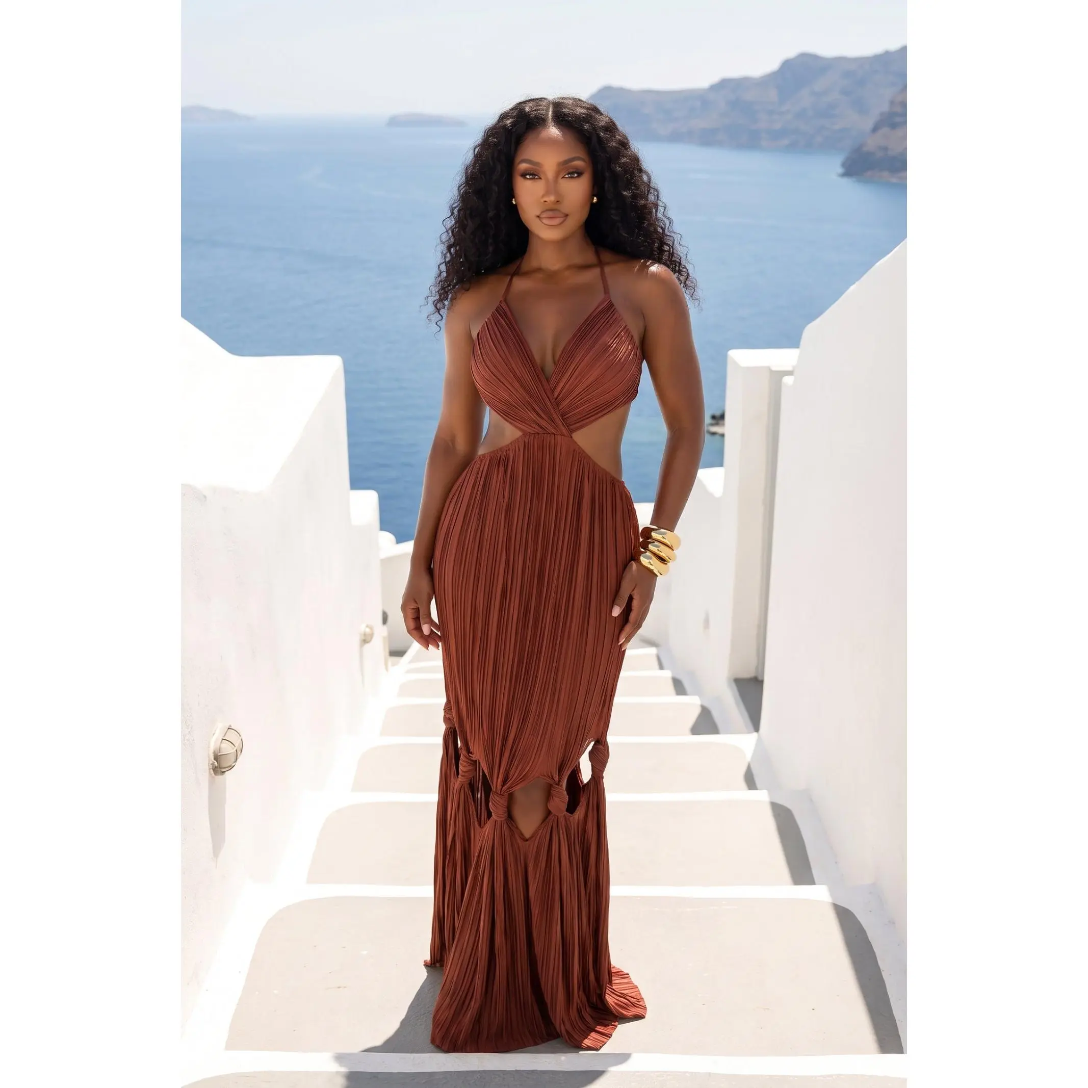 "GODDESS COMPLEX" PLEATED CUTOUT MAXI DRESS