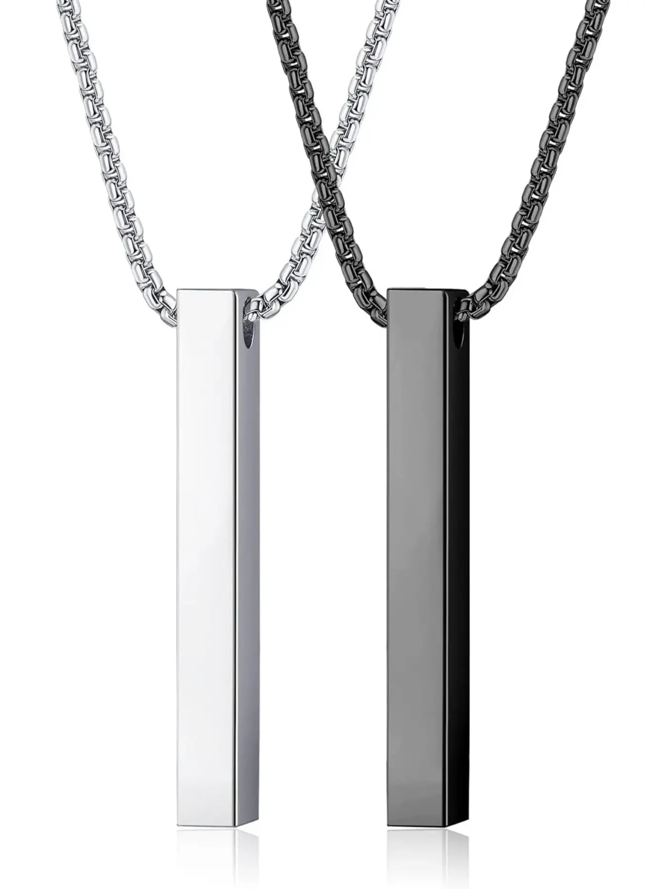 2 Pcs Men's Necklaces Mens Chain Necklace Stainless Steel Silver Black Bar Pendant Necklace for Men Women with Box Chain 55CM Couples Fashion Necklace Set Men's Jewellery Gift Jewelry Gift