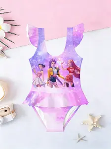 Girls' Fitted One-Piece Swimsuit, Random Pattern Design, Party Style Swimwear, Comfortable & Stylish Beach Wear