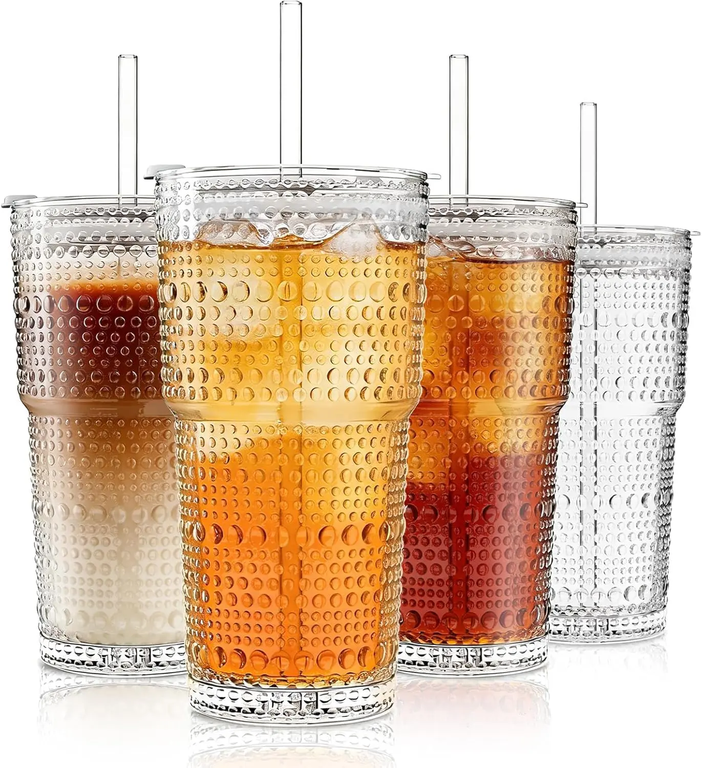 20 oz Hobnail Glass Cups with Lids and Glass Straws – 4 Pieces, Thick-Walled Glass Tumblers for Iced Coffee, Smoothies, Milk, Water, Juice, and More – Elegant and Durable Drinking Glasses