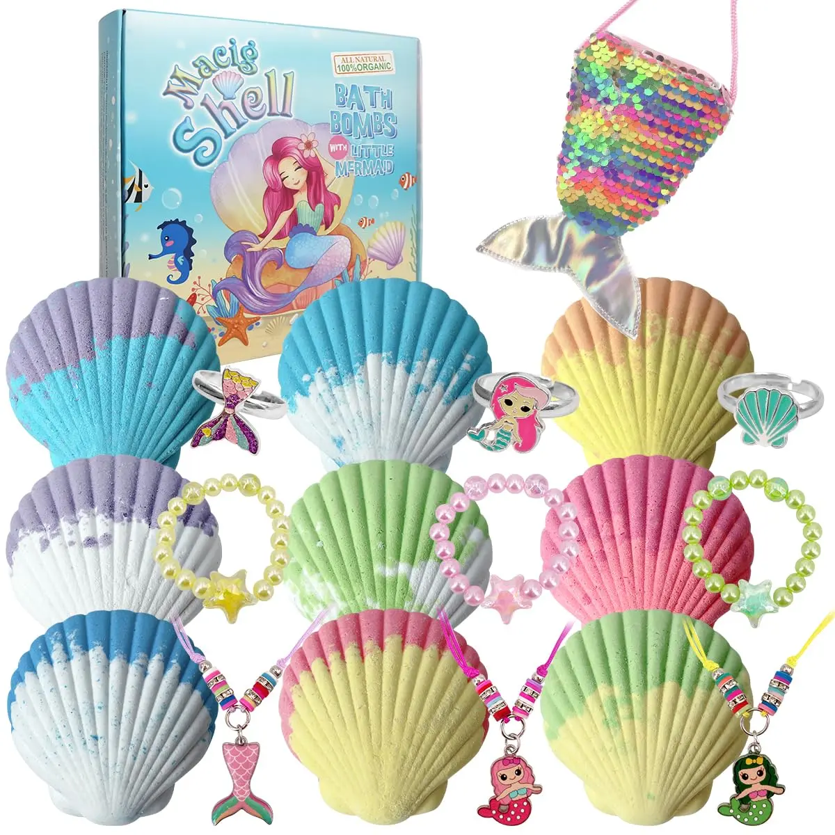 X-TBT25 Magic Shell Bath Bomb Gift Set for Kids, 9 Pack Bath Bombs with Little Mermaid for Girls, Organic Bath Bombs with Surprise Inside.