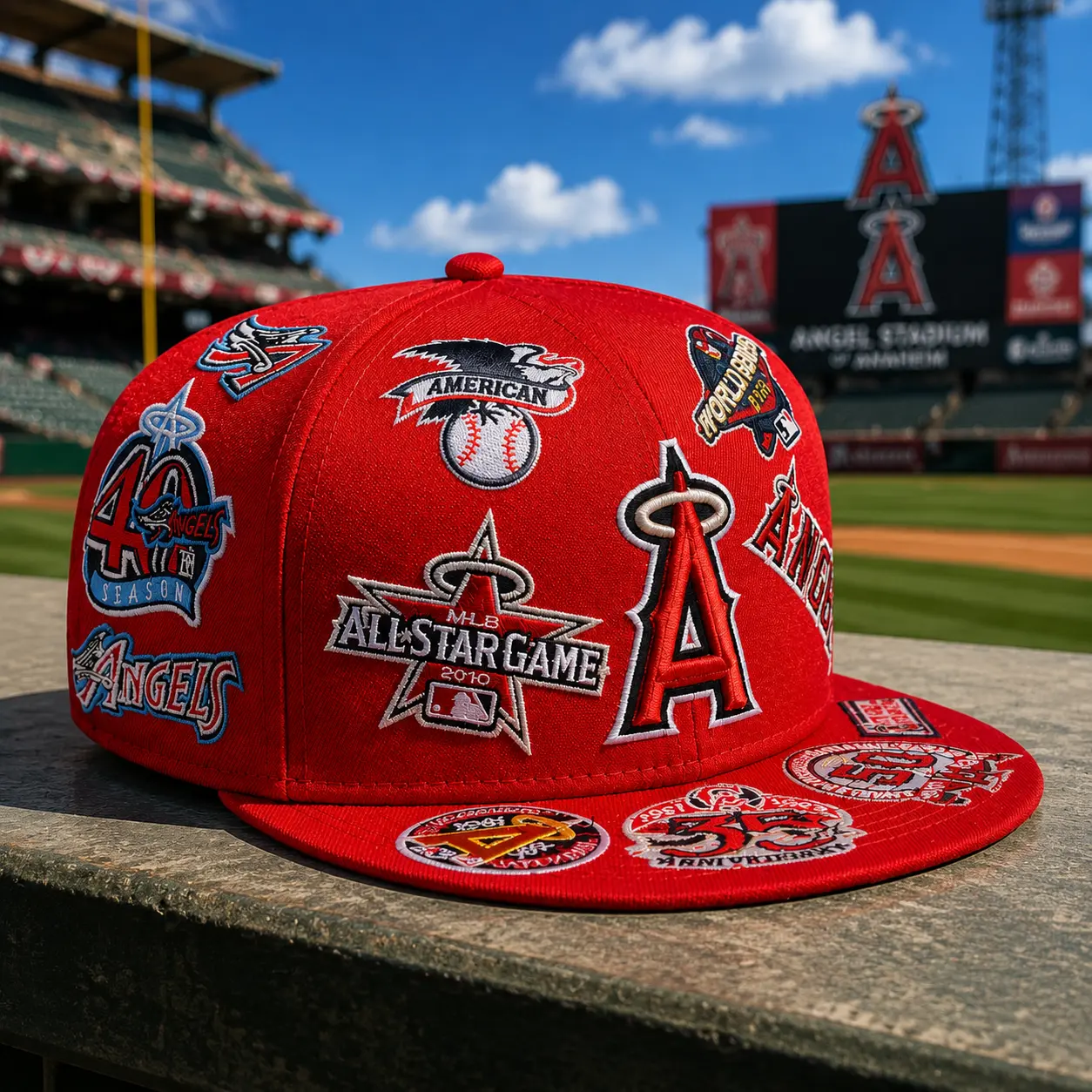 Los Angeles Red Baseball Fitted Cap – All Over Embroidered Patch Flat Brim Streetwear Hat