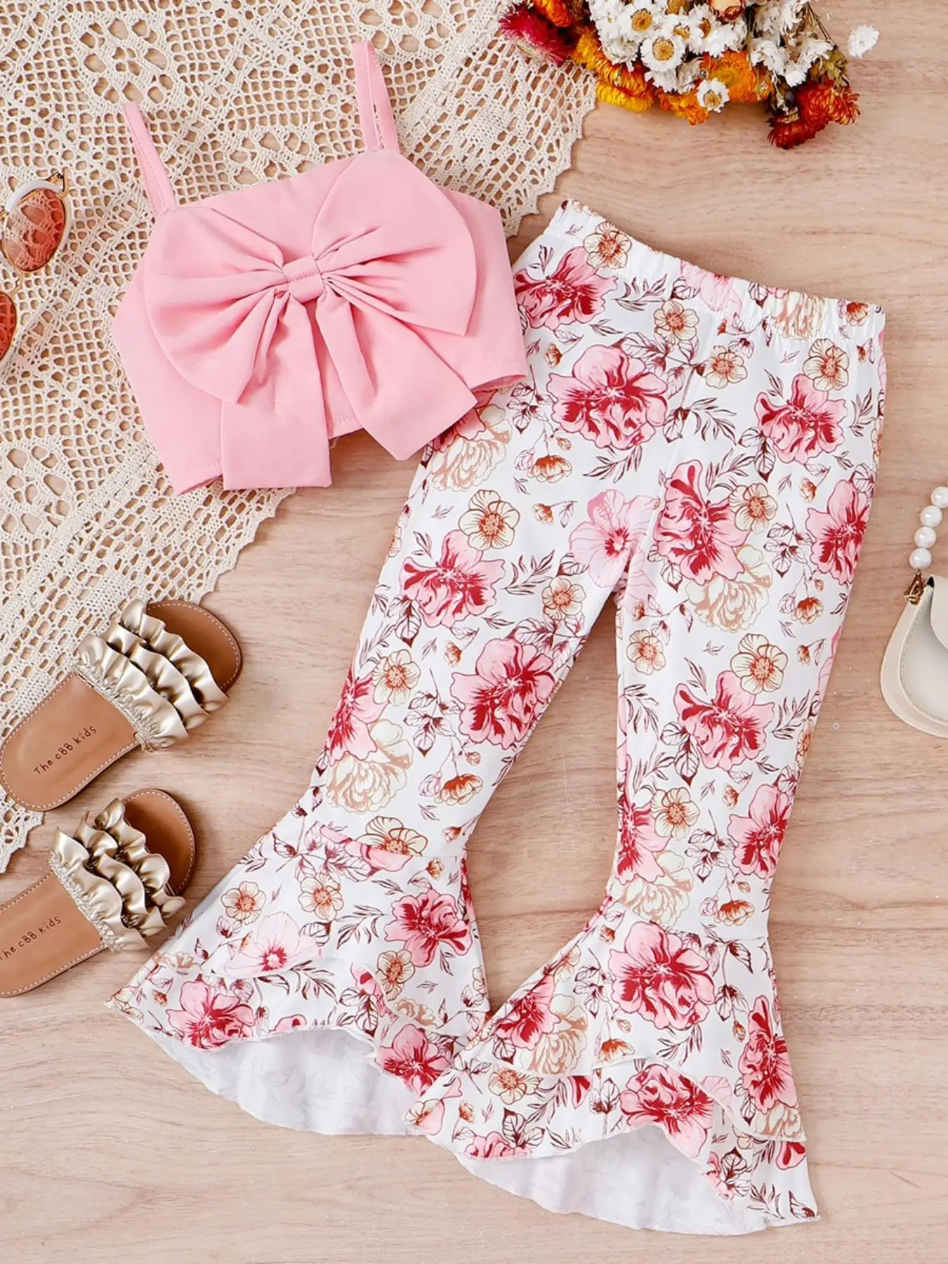 Two-Piece Set Girl's Plain Bow Front Crop Cami Top & Floral Print Elastic Waist Flare Leg Pants Set, Elegant Fashion Outfits for Daily Outdoor Wear, K