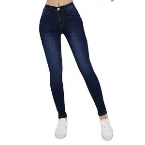 Elegant Skinny Jeans, Deep Blue Whisker Detail, Fashion Slim Fit Denim Pants, Casual Stretchy Bottom