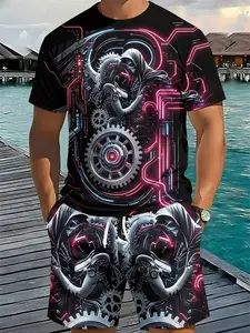 Cyber Gear Skull Printed 3D Digital Printed Two-piece Set, 2Pcs, Trendy Fashion Outfit Set, Trendy Retro Casual Two-piece Suit, Vacation-style Trendy Wear, Breathable Sports Casual Style, Perfect Festival Gift for Men