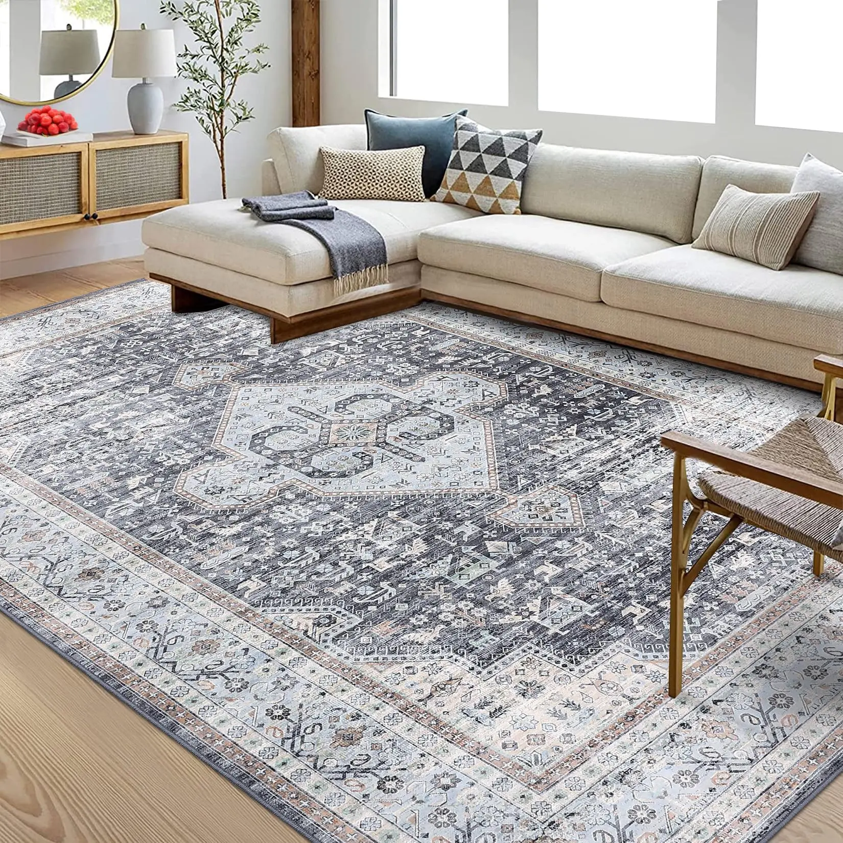 【GARVEE】Washable Vintage Area Rugs: Ultra-Thin, Non-Slip, Stain Resistant, Low Pile Rugs in Various Sizes (2x6, 5x7, 8x10, 9x12) and Colors (Navy, Grey, Light Orange) for Living Room, Bedroom, Farmhouse, Office