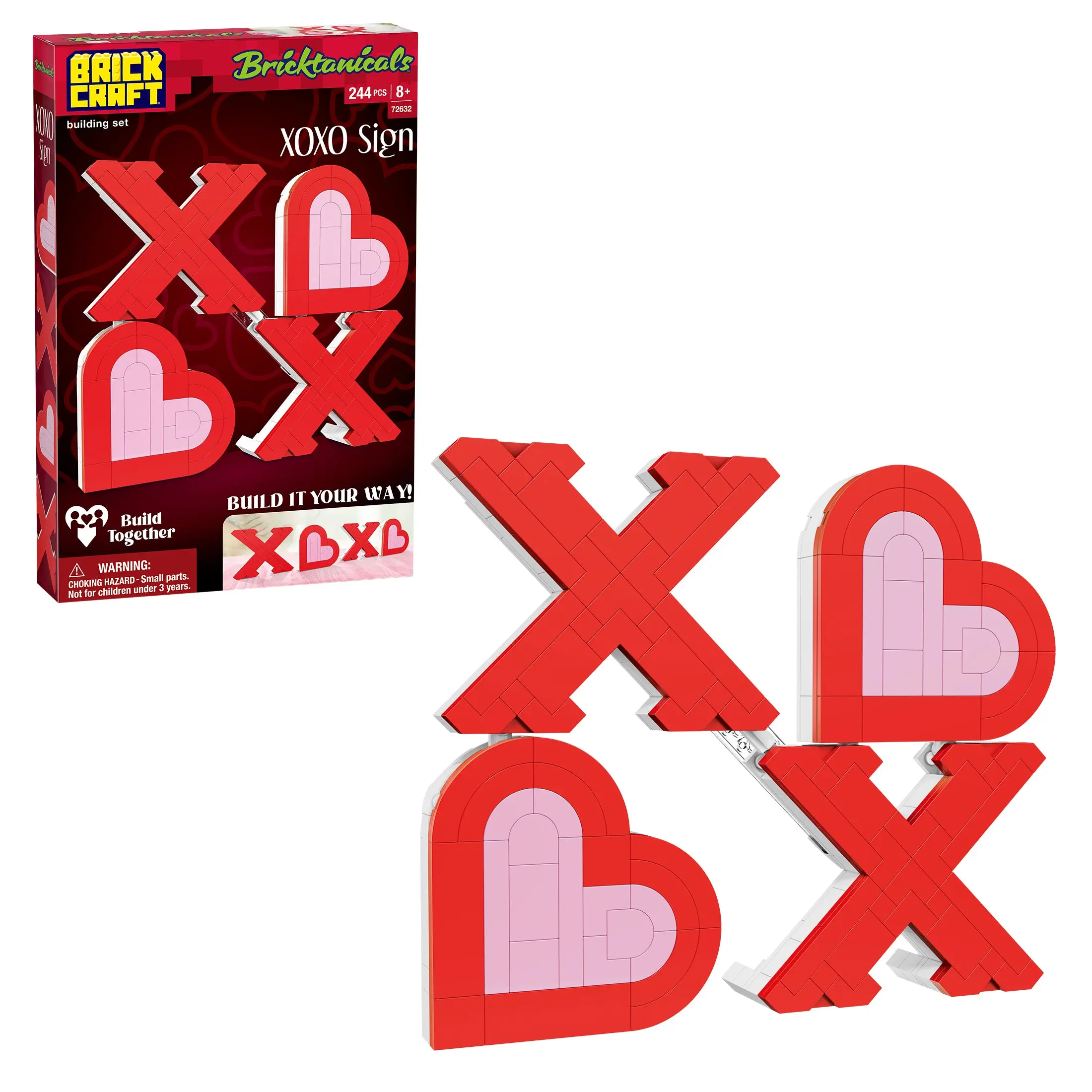 Brickcraft Bricktanicals XOXO Sign Building Set, 244-Piece Valentine's Day Brick Hearts Couples Kit for Teens & Adults 8+