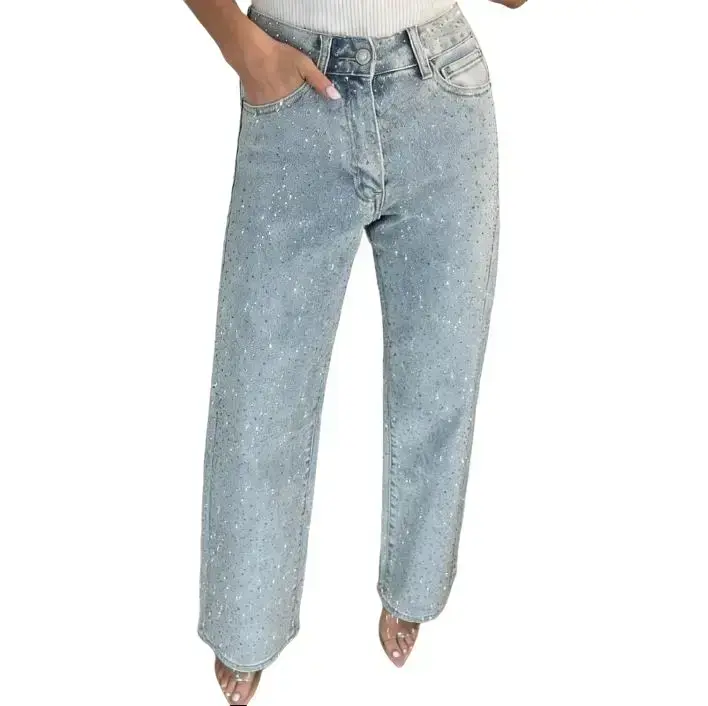 Womens Rhinestone Jeans Baggy Y2K High Waisted Straight Wide Leg Sparkly Bling Glitter Denim Pants for Trendy Outfits