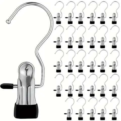 16-Count Adjustable Stainless Steel Mounting Clip Hangers & Pegs Set - Abrasion-Resistant, Anti-Skid, Waterproof, Customizable Closet Organization Hangers with Rubber Tips, Rotating Hook, Hanging for Outdoor Home Laundry Bedroom Use