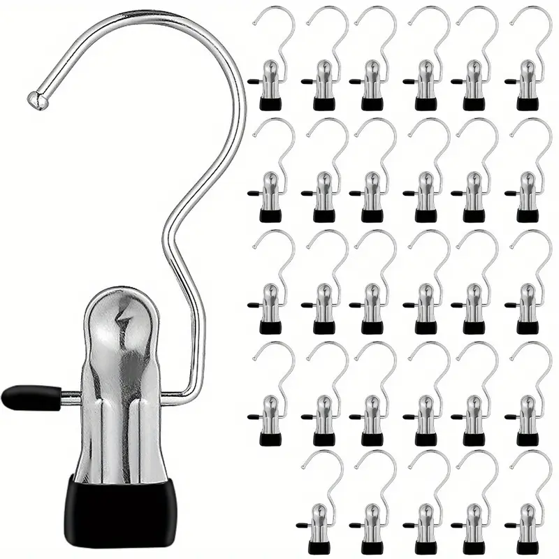 16-Count Adjustable Stainless Steel Mounting Clip Hangers & Pegs Set - Abrasion Resistant Organiser with Rubber-Safe Tips, Rotating Hook, Strong Clamping, Stays Put for Home Closet, Laundry Use (Towels Compatible)