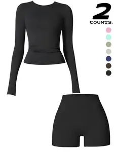 Women's Sporty Long Sleeve Top & Shorts Set, High Waist Tight-Fit Above Knee Activewear, Sweat-Wicking Quick-Dry Fabric for All Seasons, Solid Sports Sets