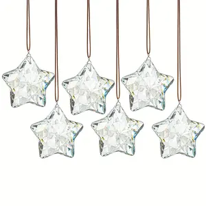 6pcs Set of Crystal Suncatchers - Transparent Cut Glass Christmas Tree Ornaments, Star Pendants for Winter New Year Parties, Festive Holiday Decorations
