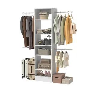 Adjustable Closet Organizer Tower with Shelves and Extendable Hanging Rods, Open Wardrobe Storage System, White, 72.86-114.86 in Adjustable Width