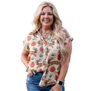 Plus Size Women's Khaki Western Pattern Print Short Sleeve Buttoned Shirt