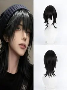 Unisex 14 Inch Wolf Tail Wig, Glueless Synthetic Wig, High Temperature Fiber, Easy Wear Clip Net, Suitable for Daily Use, Costume Parties, Cosplay