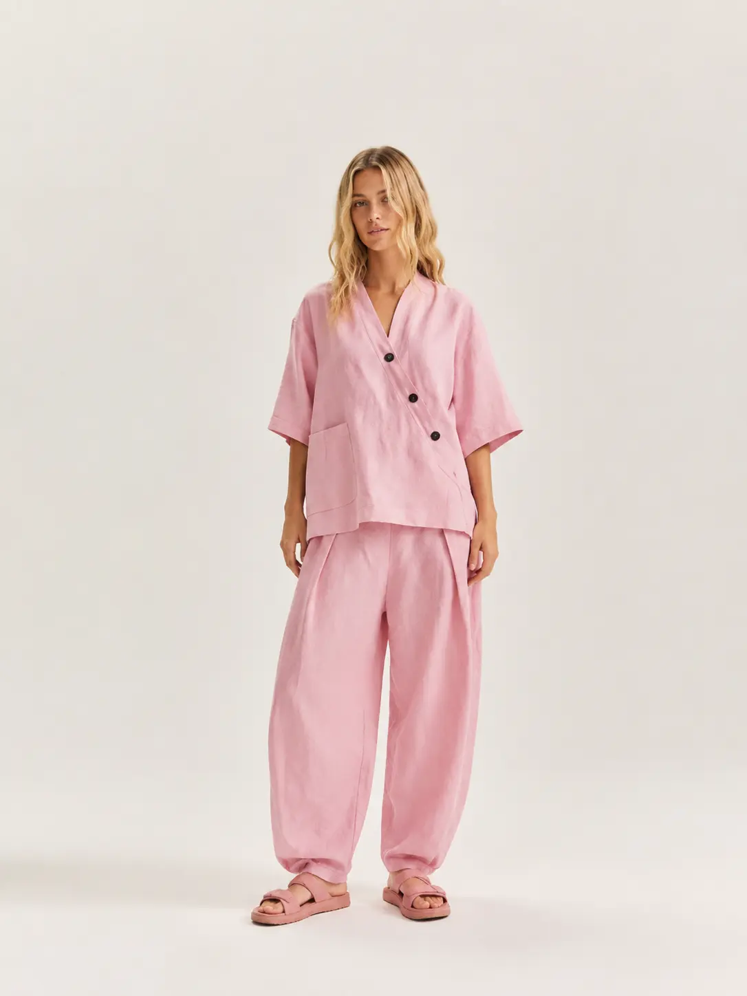 Women's 2 Piece Solid Color Harem Pants Set, V Neck Half Sleeve Button Top and Loose Long Pants, Casual Summer Travel Outfit