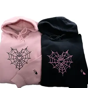 Vintage Spider Web Matching Hoodie Embroidered, Custom Initial Heart Unisex Cotton Crewneck Womenswear, Casual Pullover Streetwear Tops
