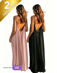 2 Pcs！2026 Summer New Women Solid Color Cami Nightdress, Comfortable Sleeveless Long Sleepwear, Loose Loungewear for Home & Travel,  Chic Backless Womenswear Essential Casual