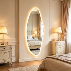 Irregular LED Full Length Mirror – Tempered Glass, Dimmable Light, HD Copper-Free Mirror, Modern Wall Mounted Dressing Mirror for Bedroom & Living Room