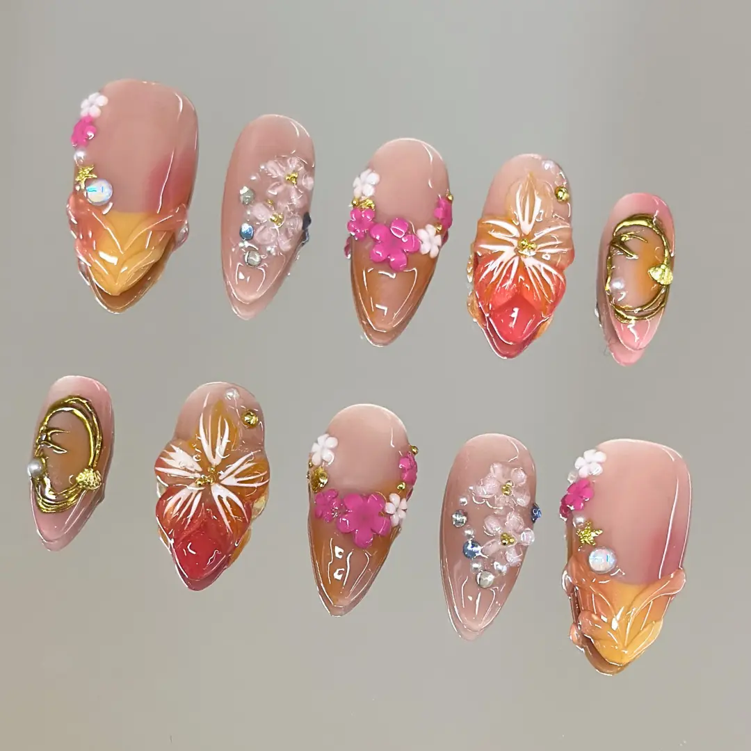 NailVesta PEACH EMBER – 100% Handcrafted 3D Press-On Nails | Reusable, Long-Lasting, Salon-Quality