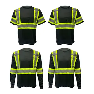 4 PACK -  Black Hi Visibility Reflective Safety Shirt with Mic Tab Holder and Left Hand Pocket In Short and/or Long Sleeve