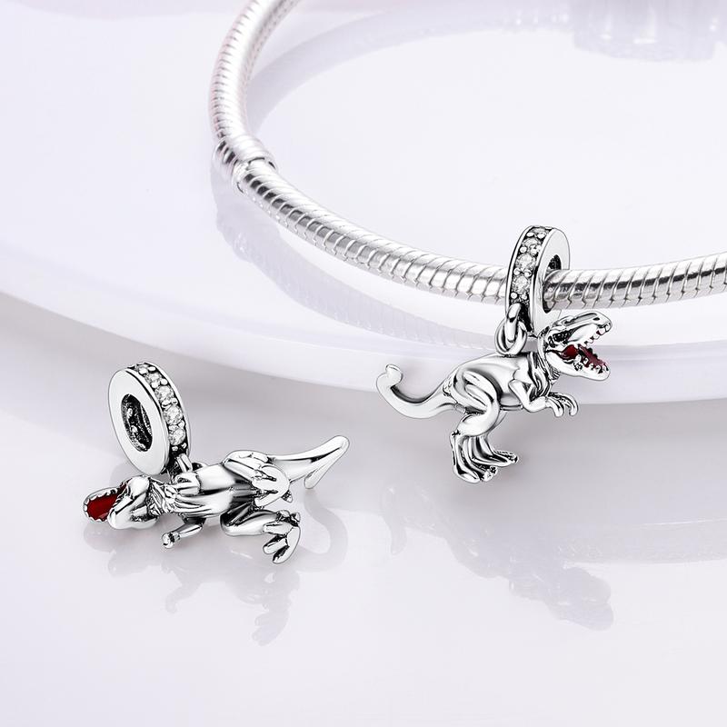 MULA 925 Sterling Silver Roaring Tyrannosaurus Rex Charm | Red Enamel and Zircon Dinosaur Beads | Fierce Jurassic Jewelry | Perfect for Pandora Bracelets and Necklaces | Perfect Gift for Dinosaur Lovers