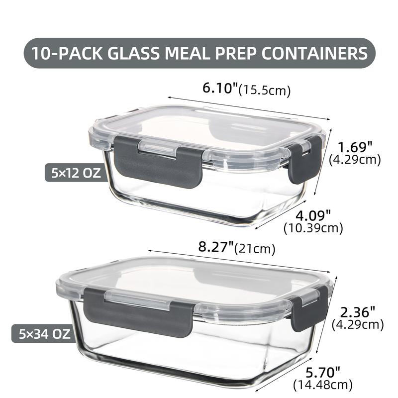 10 Packs Glass Food Storage Containers with Lids, Glass Meal Prep Containers, Airtight Glass Lunch Containers - Freezer,Oven,Microwave Safe.
