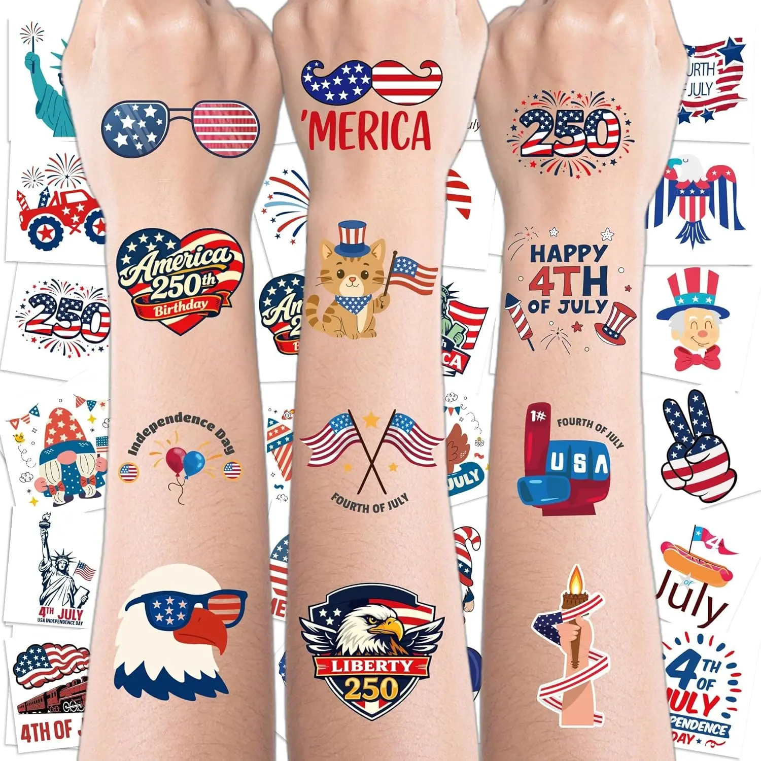 150 PCS Patriotic Temporary Tattoos, Waterproof & Nontoxic Red White Blue USA Flags for Women, US Pride Fourth of July Party Favors, 250th Anniversary, Us Pride / Nation Pride