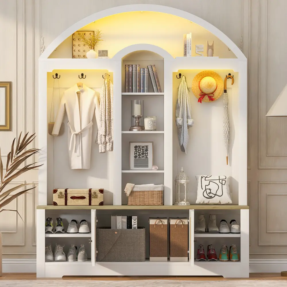Multifunctional Scandinavian Entryway Wardrobe Cabinet - Sturdy MDF, Curved Top, 2-Tone Finish, 3-Layer Shelves, Open Bottom Shelf, Metal Hooks, Shoe/Clothes Rack, Self-Adhesive USB LED Light-Compatible (Lights Not Included, Requires Adult Assembly)
