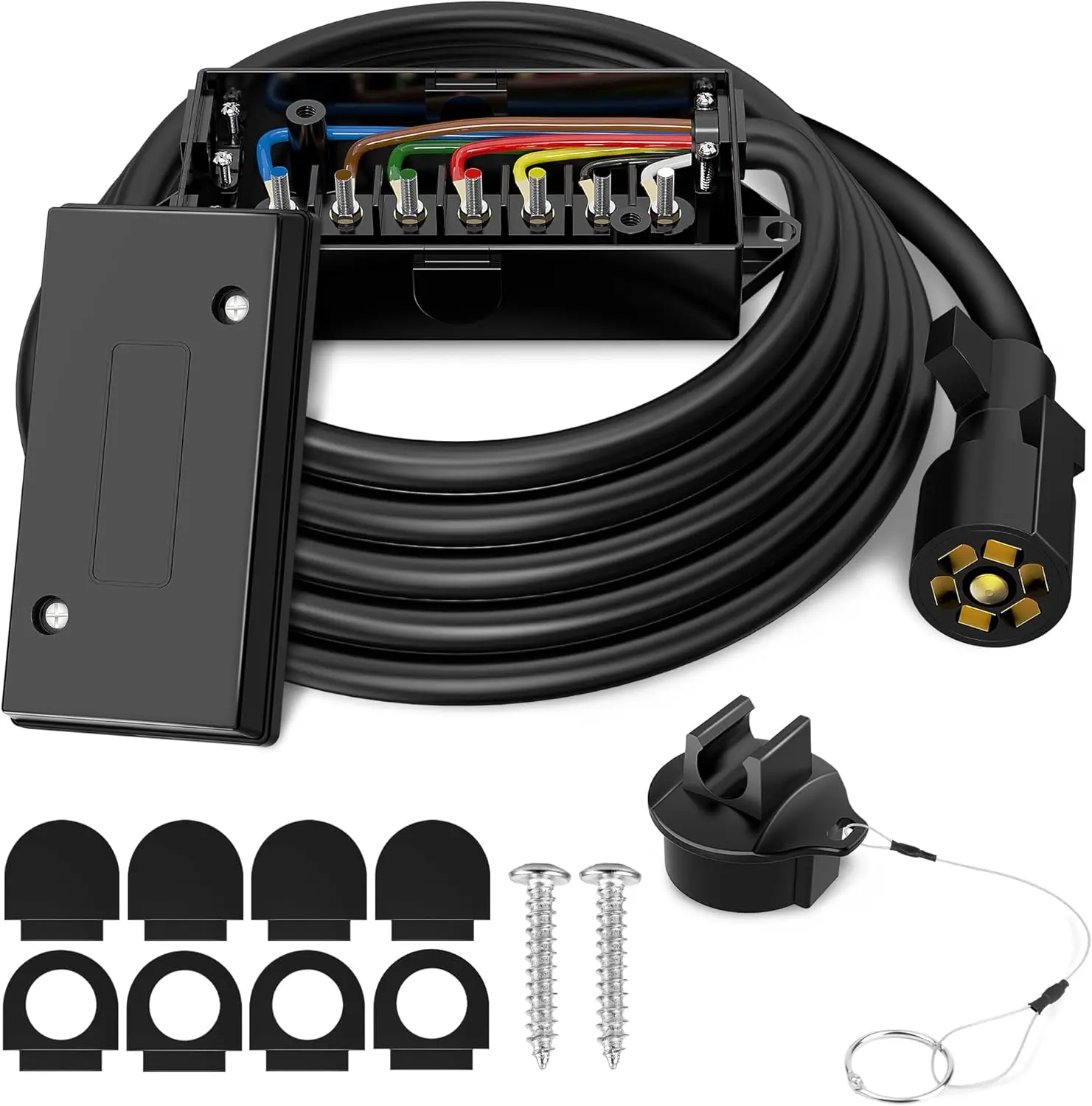 8ft Heavy Duty 7 Way Trailer Plug Cord with 7 Gang Junction Box | Waterproof Trailer Plug Cover,7 Pin Round Trailer Wiring Harness,Fit RV Camper Truck Car,Easy Installation