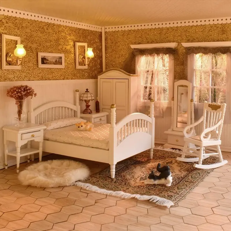 1:12 Victorian Brewster Dollhouse Bedroom Set White & Gold Mixed Materials, Perfect Holiday Gift