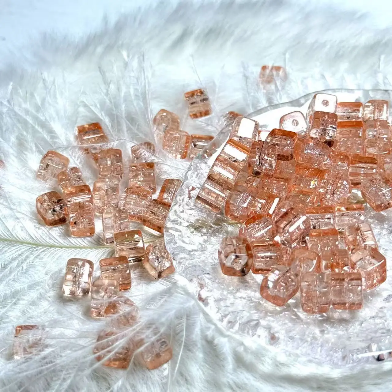 【A218】6mm Orange Cube Crackle Glass Beads, Suitable for Bead Stringing 75ml