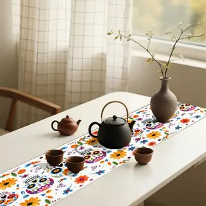 1PC 2D plane, Mexican style, colorful, skull flowers, printed fashion table flags, western dining room, living room, coffee table table table decoration household table flags, outdoor picnics, party decoration table flags