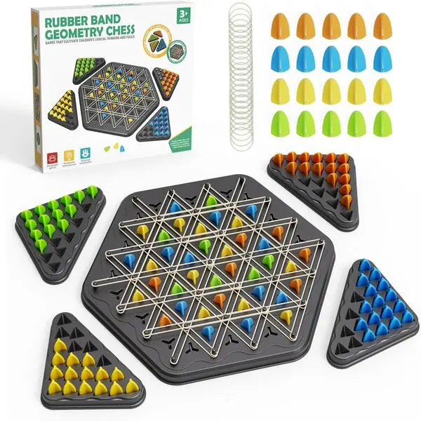 Triangle Shape Chain Board Game - Rubber Band Strategy Play STEM Toy for Kids (Ages 6+), 2-4 Players Family Game Night Activity