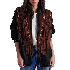 Women Studded Faux Suede Fringe Vests Y2K Sleeveless Tassel Hem Wide Eyes Shawl Collar Scarf Wrap Western Fringe Vest Boho Hippie Western Cowgirl Outfits Open Front Jackets Cardigan Tops
